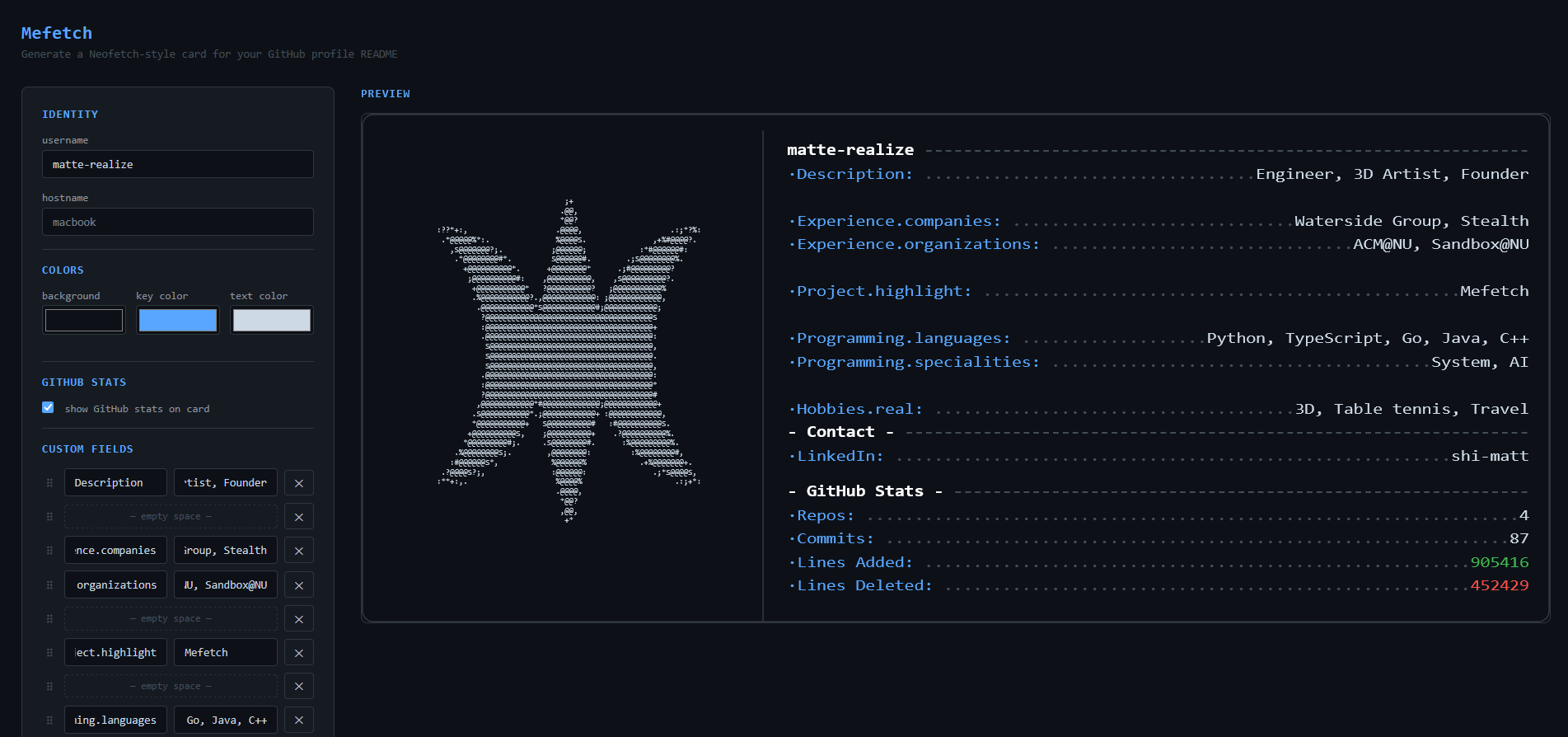 Mefetch Editor with customizable parameters